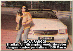 GAYA RANGGI ... Sharifah Aini disamping kereta Mercedes dengan nombor pendaftaran 1000 Mawar